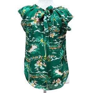 Lauren Conrad Tropical Green Sleeveless Blouse Tie back Neck & Floral Print XS